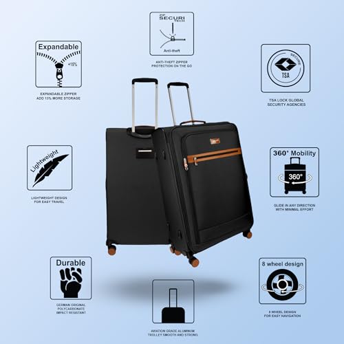 Image of F Gear Softair Large Soft Luggage | Lightweight Expandable Carry-On Trolley Bag with 360 Spinner Wheels, Silent 8-Wheel System, Built-in TSA Lock, Anti-Theft Zipper & Luggage Tag (Black)