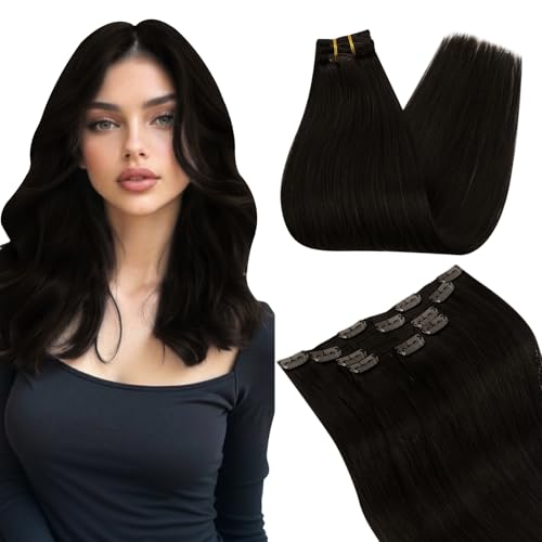 Image of Ugeat Brown Clip in Hair Extensions Darkest Brown 12 Inch 5pcs 85g Softness | Invisible Clip in Hair Extensions Human Hair , Hair Clip Extensions Darkest Brown , Shoulder Length