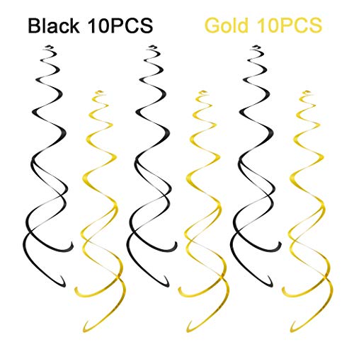 Image of Party Swirl Decorations, Black and Gold Foil Ceiling Hanging Swirl Decoration, Whirls Decorations for Birthday | Wedding | Anniversary | Graduation Party Supplies, Pack of 20