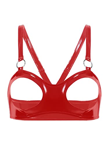 Choomomo Damen Leder Latex Ouvert BH Push up Bra Bustier Wetlook Top Oberteile Brustfrei Lingerie Erotik Dessous Reizwäsche Z Rot 4XL Cover