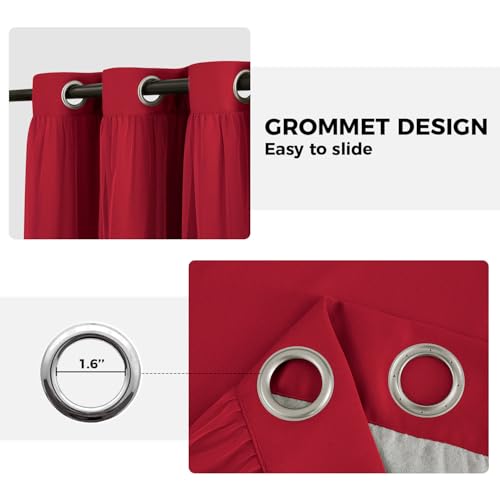 Image of 100% Blackout Curtains for Bedroom, Double Layer Red Curtains, Black Out Curtain 63 inch Long with Sheer Overlay for Living Room, Room Darkening Window Drapes with Grommet, 52 inch W x 63 inch L