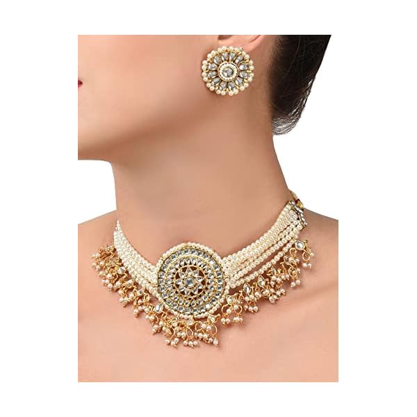 ZAVERI PEARLS Gold Tone Kundan & MultiStrand Pearls Choker Necklace & Earring Set For Women-ZPFK9805 - Image 6