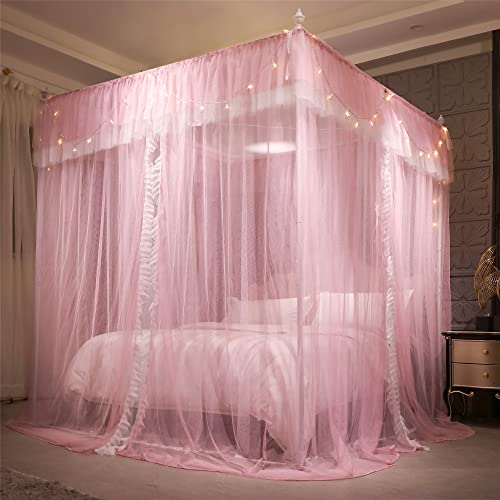 VETHIN 4 Corners Post Ruffle Princess Bed Canopy Curtain-Double Layer Cozy Drape Netting 4 Opening Mosquito Net for Girls Adults Bedroom Decoration (Pink/Whtie,78" W*86" L*82"*H/King) by VETHIN - Image 4