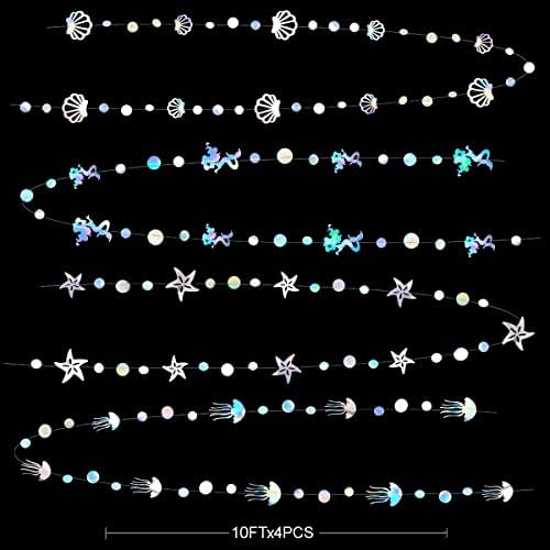 12.1m(40피트) 무지개 빛깔의 인어 가랜드, 해파리 바다껍질 불가사리 진주 홀로그램 종이 스트리머, 인어 공주 무지개 테마 생일 처녀 웨딩 샤워 바다 아래 파티 장식 — 사진 2
