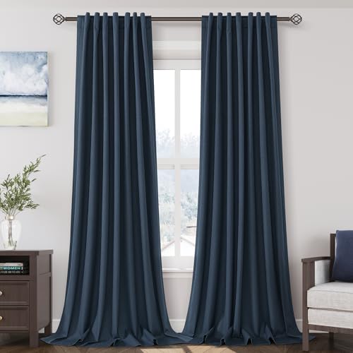 Image of Vintage Blue 100% Blackout Linen Curtains 108 Inches Long for Bedroom Back Tab Thermal Insulated Vintage Farmhouse Decor Black Out Curtain for Living Room Floor to Ceiling High Window 52x108, 2 Panels