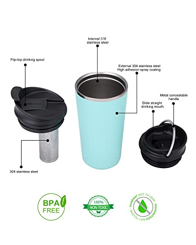 GiNT 17oz Travel Tea Mug with Infuser, 2 Lids. Vacuum Insulated 316 Stainless Steel Coffee Mug. Dishwasher Safe Tea Cup with Strainer for Hot & Cold Brew Coffee (Green) - image 2