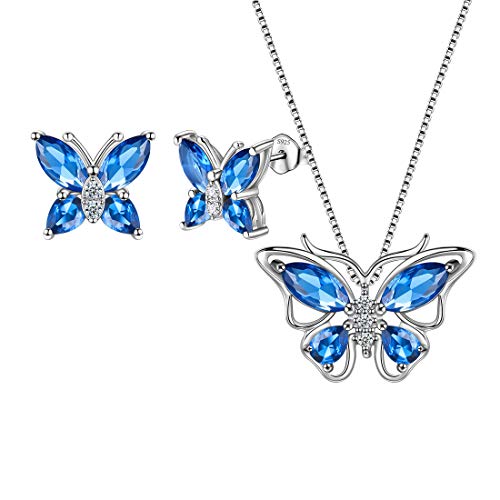 Juego de mariposa de plata 925 con pendientes, anillo y collar de zafiro azul para mujer