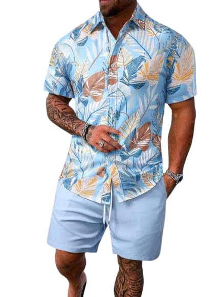 Image of Men's Printed Co-Ord Set | Plus Size Casual Shirt & Shorts Set | Nightwear Pajama Suit, Loungewear, Beachwear & Vacation Outfit Design No Shirt-Short Set10-Parent