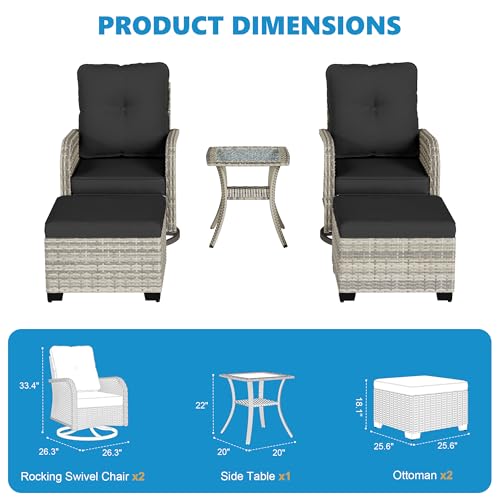 Image of 3-Piece Small Patio Furniture Set, Outdoor Swivel Rocking Chairs Set with Wicker Chairs and Tempered Glass Side Table, Outdoor Furniture Patio Bistro Set for Balcony, Deck, Porch