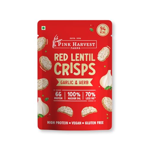 Image of Pink Harvest Farms Red Lentil Crisps - Garlic and Herb | Gluten-Free, High-Protein, Healthy Baked Chips | High Protein, Vegan Snack | No Rice, Potato, Corn, or Wheat (25g, Pack of 1)