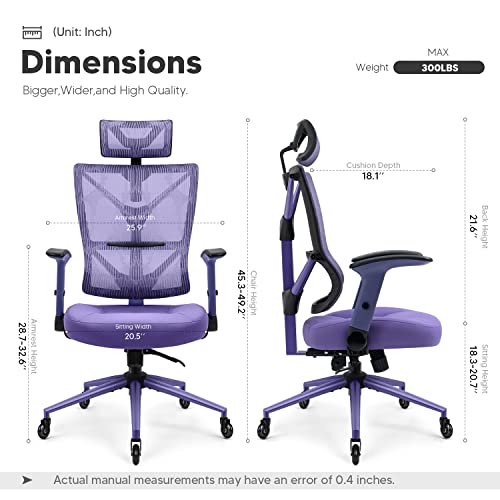 Yamasoro High Back Ergonomic Mesh Office Chair, Metal Frame Home Office Desk Chair With Adjustable Arms, Headrest And Extra Seat Cover, Purple #TOP2