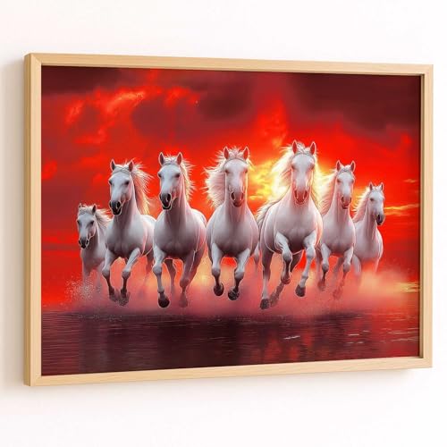 Image of HOTHOUSE 7 Horses Vastu Frame Wall Art Painting for Living Room Bedroom Office Home Decor | Seven Running Vastu Lucky Horse Rising Sun Painting Wall Decor Size (19X25 inch)