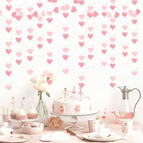 Image of Rose-Gold Pink White Party-Decoration Heart Garland - 39Ft 21st Women Birthday Hanging Backdrop Streamers,Graduation Baby Bridal Shower Engagement Wedding Bachelorette Banner Supplies Decor