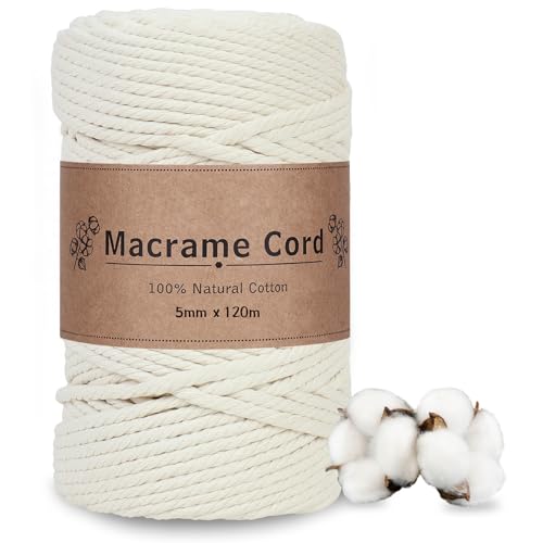DOBIGER 5mm Makramee Garn Beige x 120m | Extra Dicke & Starke Baumwollkordel | für schnelle Projekte wie Teppiche & Hocker | 100% Baumwolle Ungebleicht