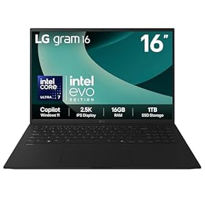 LG gram 16Z90T - 16 Inch 2.5K IPS Ultra-Lightweight Laptop, Intel Core Ultra 7 255H - EVO Edition, 16GB RAM, 1TB SSD, Windows 11 Home, gram Hybrid AI, Copilot, Black (2025)