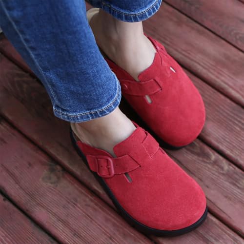 Image of Women's Suede Platform Clogs Leather Mules Slip On Indoor Outdoor Shoes | Arch Support, Cork Footbed, Adjustable Buckle,All Day Comfort