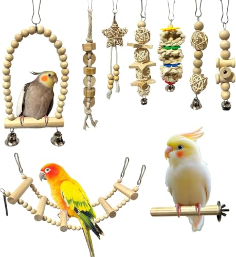 LKTOCAFT Parrot Bird Swing Toys 9Pcs Natural wood Bird Chewing Hanging Toy Set Birds Cage Toys for Budgerigar Parakeet Conure Love Birds Finches and Other Small to Medium Bird
