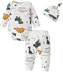 Newborn Baby Boy Clothes Dinosaur Print Knitted Romper + Pant + Hat Outfit Set