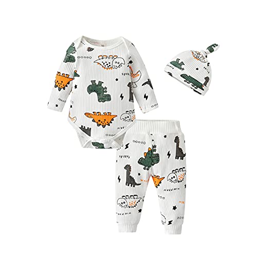 Newborn Baby Boy Clothes Dinosaur Print Knitted Romper + Pant + Hat Outfit Set