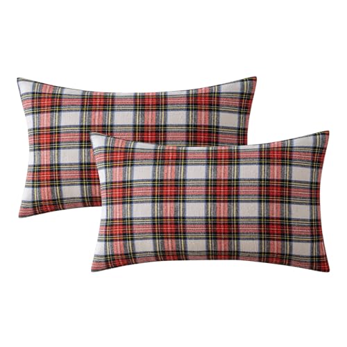 Image of MIULEE Christmas Plaid Pillow Covers Scottish Tartan 12x20 Red and White | Set of 2 Christmas Decorations Lumbar Cushion Cover, Farmhouse Winter Home Decor, for Thanksgiving Sofa Couch Bed Living Room