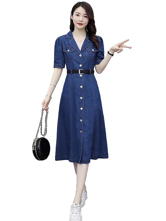 Short Sleeves Silky Denim Long Tunic Dress for Women