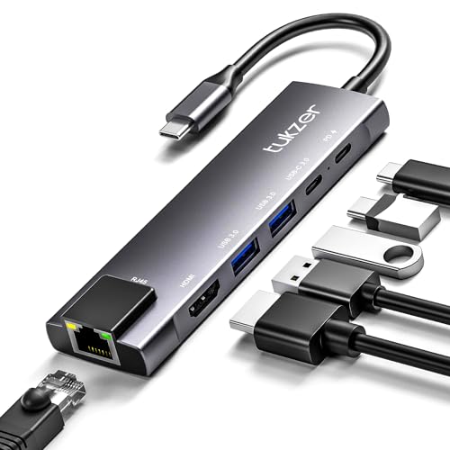 Image of Tukzer 6-in-1 Type-C Hub to HDMI 4K@30Hz, 2 USB 3.0 Data, USB-C 3.0 Data, 100W PD with 1000M Ethernet RJ45, MultiPort Adapter Compatible with MacBook Pro Air iPad, Dell, Other Type-C Device