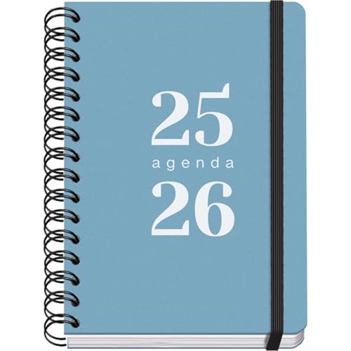 Dohe - Agenda Escolar 2025 2026 - Semana Vista, Tamaño A5 (15x21 cm), Español e Inglés, Septiembre a Junio, Cierre de Espiral Doble y Goma, Tapa Flexible, 4 Páginas de Pegatinas - GRAMMAR Azul