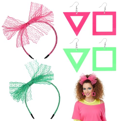 Nogeqi 4 unidades dos anos 80 para mulher, brincos de relâmpago de renda, brincos de néon dos anos 80 e 90, acessórios para mulher, tema retro, fantasia de festa, conjunto de acessórios para