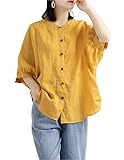 [SpringSwalloow] [スプリングスワロー] 長袖 クルーネック カジュアル レディース リネン シャツ 春 夏 ファッション クルーネック ネルシャツ 部屋着 (イエロー 2XL)