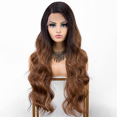 K'ryssma Brown Lace Front Wig Ombre L Part Synthetic Wig Long Wavy Deep Parting Dark Roots to Brown Ombre Wigs for Women