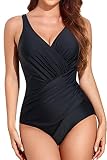 Smismivo Tummy Control Swimsuits for Women Modest One Piece Bathing Suit Slimming Underwire Ruched V