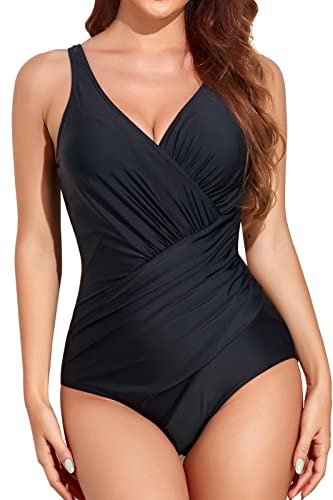 Smismivo Tummy Control Swimsuits For Women Modest One Piece Bathing Suit Slimming Underwire Ruched Vintage Padded Push Up Retro V Neck Shirred Full Coverage Swimwear For Swimming Pool (Black) #TOP21