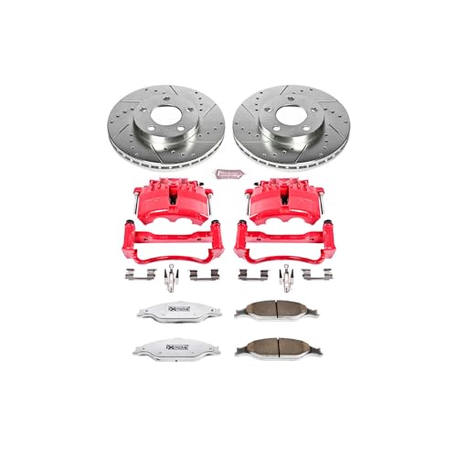 Image of PowerStop Front Brake & Caliper Kit for Ford Mustang 2003-04 - Drilled & Slotted Disc Rotors + Carbon-Fiber Ceramic Brake Pads + Red-Powder Coated Calipers, KC1301A-26