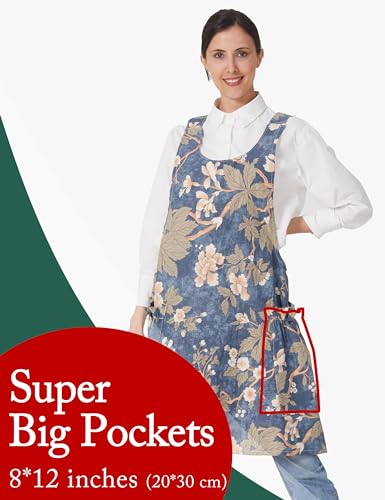 Image of Cozy Adjustable Cross Back Aprons for Women with Pockets Cotton Linen Cooking Kitchen Baking