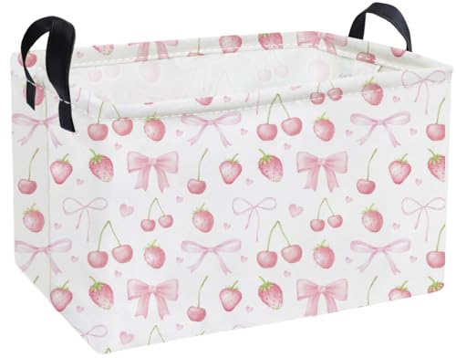 Image of Essme Rectangular Kids Baskets,Girls Storage Basket Pink Bins with Handles for Strawberry Room Decor, Cherry Storage Bin(Strawberry)