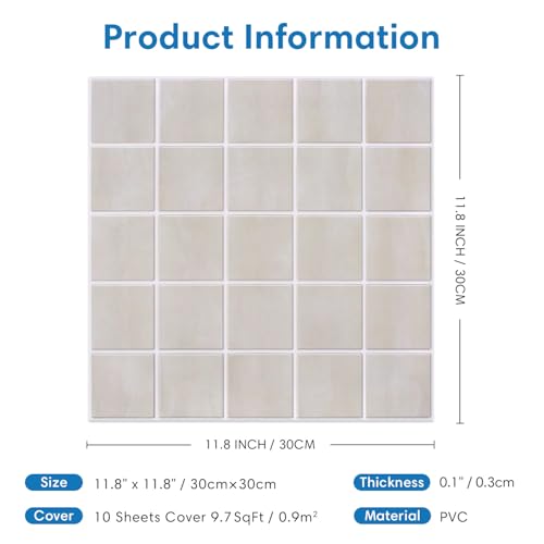 Miniatura 5 de Comstickc Azulejos Adhesivos Para Cocina, Cuadrados De Pvc Beige Mate, 10 Piezas, Adhesivos 3d Para Azulejos,De Pared Autoadhesivos, De Cocina,Salpicadero Para Baño,30 30 Cm