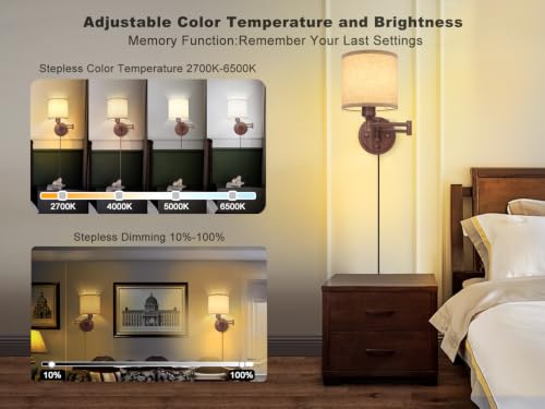 Image of GOODATE Plug in Wall Sconces with Remote Control, Dimming & Adjustable Colors 2700K-6500K, Hardwire or Plug-in, Swing Arm Wall Lamp, Wall Sconces Set of Two, Linen Fabric Shade, Walnut Finish