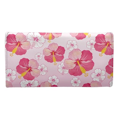 Image of AFPANQZ Tropical Pink Flower Womens Leather Wallets Large Capacity Card Holder Zipper Travel Purse, Phone Holder Coin Zip Pocket Multi Cards