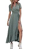 PRETTYGARDEN Women's Summer Wrap Maxi Dress Casual Boho Floral V Neck Short Sleeve Ruffle Hem Split...