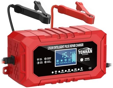 YONHAN 15A Battery Charger, 12V/24V LiFePO4 & Lead Acid Car Battery Charger, 9-Stage Trickle Charger with Temp Compensation, Automotive Battery Maintainer for Car Truck Motorcycle Lawn Mower Boat(Red)