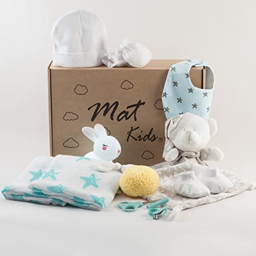 Regalo Recien Nacido Original Canastilla Cesta Bebe Bienvenida con Gorro Manoplas Patucos Dou Dou Babero Bandana Luz Noche Esponja Montessori – Set Regalos Baby Niño Niña Articulos Esenciales