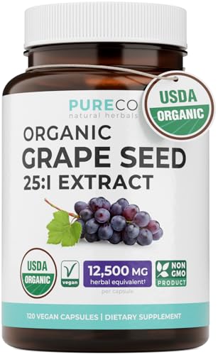 PURE CO USDA Organic Grape Seed Extract - High Potency 25:1 Grapeseed Supplement with 12 500mg Herbal Equivalent Strength - Antioxidant Support - Vegan & Non-GMO (4 Month Supply)