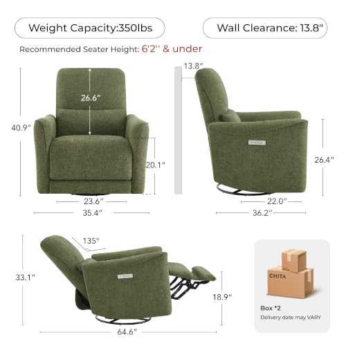 Image of CHITA Power Swivel Glider Recliner Chair, Tall-Wide, Green | FSC Certified Upholstery Rocking Chair, Lumbar Support, Reclining Chair for Living Room / Nursery