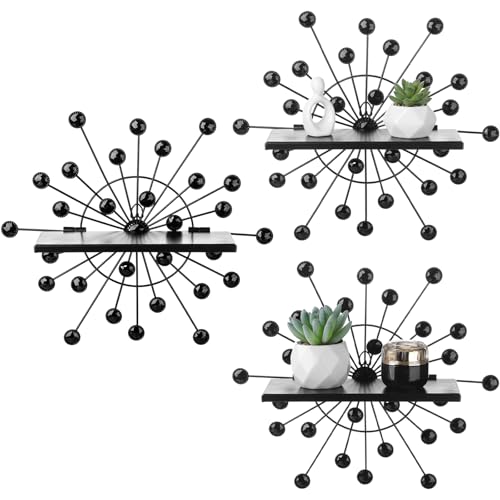 Image of Yaocom 3 Pcs Crystal Floating Shelves, Bling Sparkle Metal Starburst Wall Decor Shelves, Black Folding Wall Mounted Storage Shelf for Bedroom Bathroom Living Room Kitchen Office