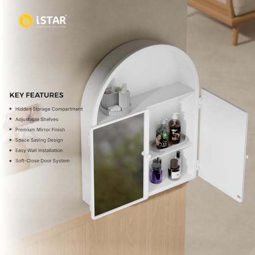 Image of iSTAR Wall Mounted Storage Mirror Cabinet, Bathroom Wall Mirror with Storage Shelf Mirror with Hidden Cabinet Organizer | Modern Wall Mounted for Bathroom, Bedroom, Washbasin (White)