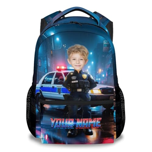 Custom School Backpack for Boys, 17 Inch Funny Policeman Backpacks for Elementary, Personalized Lightweight Durable Toddler Bookbag for Kindergarten