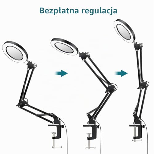 YGiTK Lampa LED z lupą z ramieniem wychylnym 8X, lupa ze światłem, stołowa z 3 trybami kolorystycznymi, 10 poziomów jasności, ściemniana, z zaciskiem, regulowana