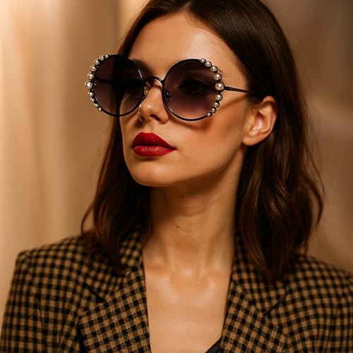 Oversized Round Sunglasses Women 2024 Luxury Cute Pearl Flower Frame Shades Stylish Eyewear For Sun Protection4