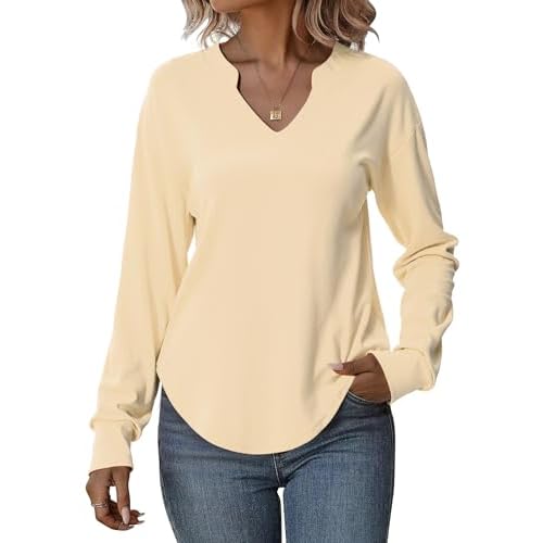 Totatuit Sweatshirts for Women V Neck Long Sleeve Shirts Loose Lightweight Curved Hem Casual Pullover Tops 2025 Fall Apricot X-Large