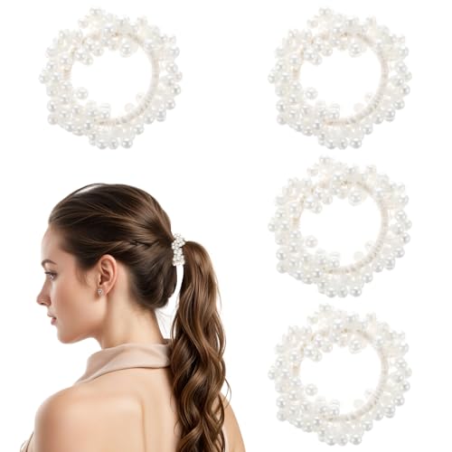 Mabor 4 lazos para el pelo con perlas, coleteros de perlas blancas, soporte elástico alto para coleta de caballo, cuerdas elásticas para el pelo, lazos decorativos para el pelo, elegantes accesorios